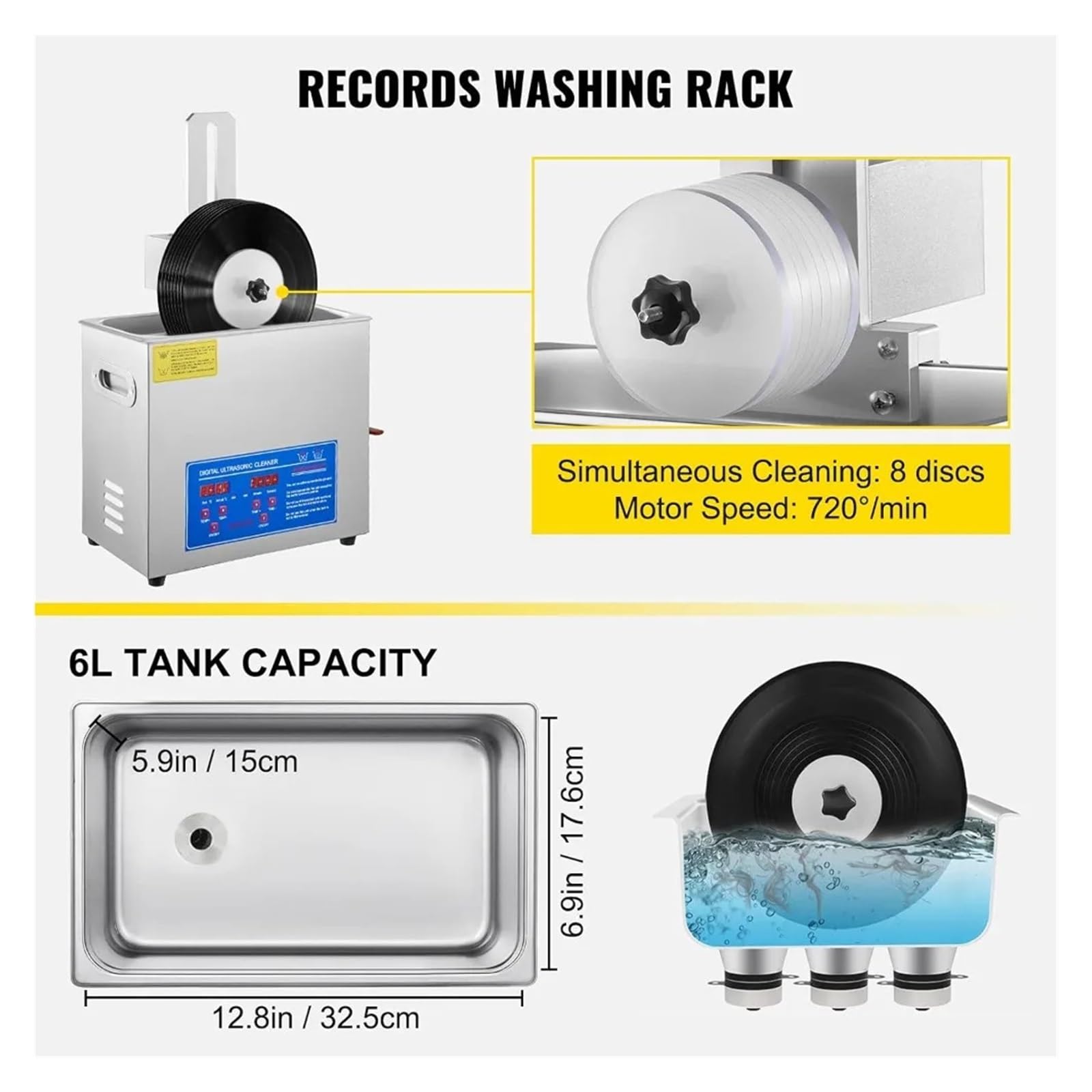 Macchina for la pulizia del vinile ad ultrasuoni da 6 litri, pulitore di registrazione ad ultrasuoni da 180 W