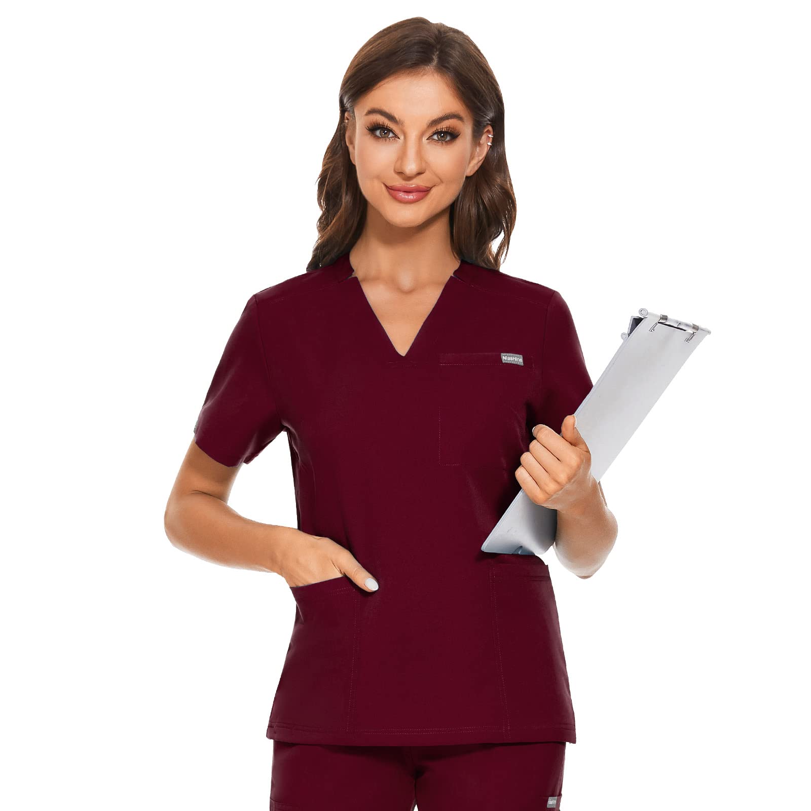VIAOLI Women's Scrub Suit Set Modern V-Neck Top and Drawstring Jogger Pants Nursing Uniforms 10 Pocket Athletic Workwear (Burgundy,L,Large)