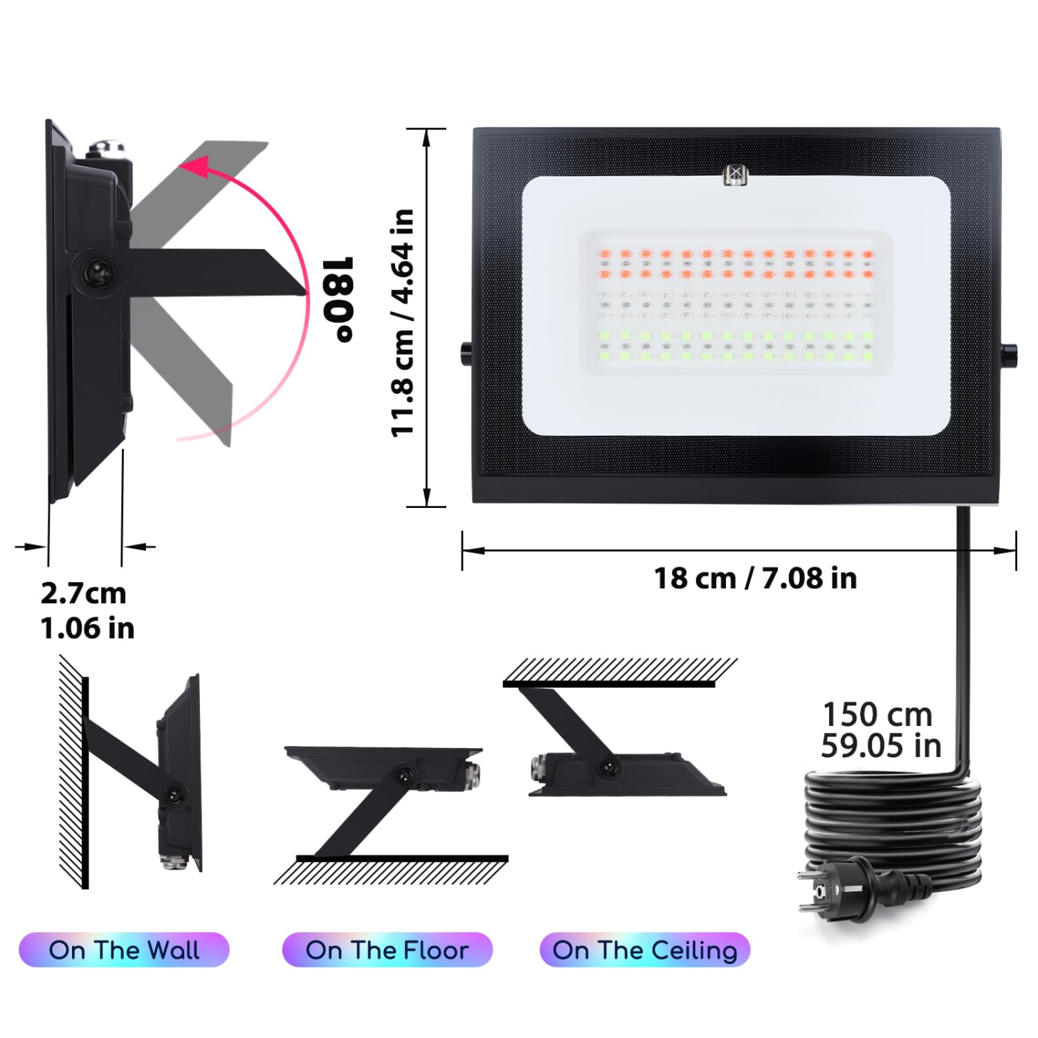 Aigostar Faretto LED RGB per esterni da 50W,Faretto led a colori con spina,6 modalità di stroboscopio,modalità DIY,timer, regolabili,IP65 impermeabile per giardino,Cavo da 1,5 m, 2 Pezzi