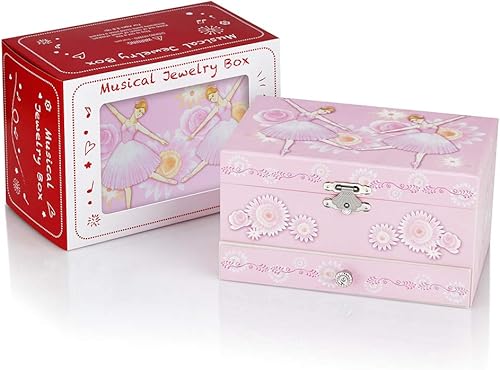 Miniatura 4 de RR ROUND RICH DESIGN Joyero musical para niñas con cajón y juego de joyas con tema de bailarina color rosa cisne