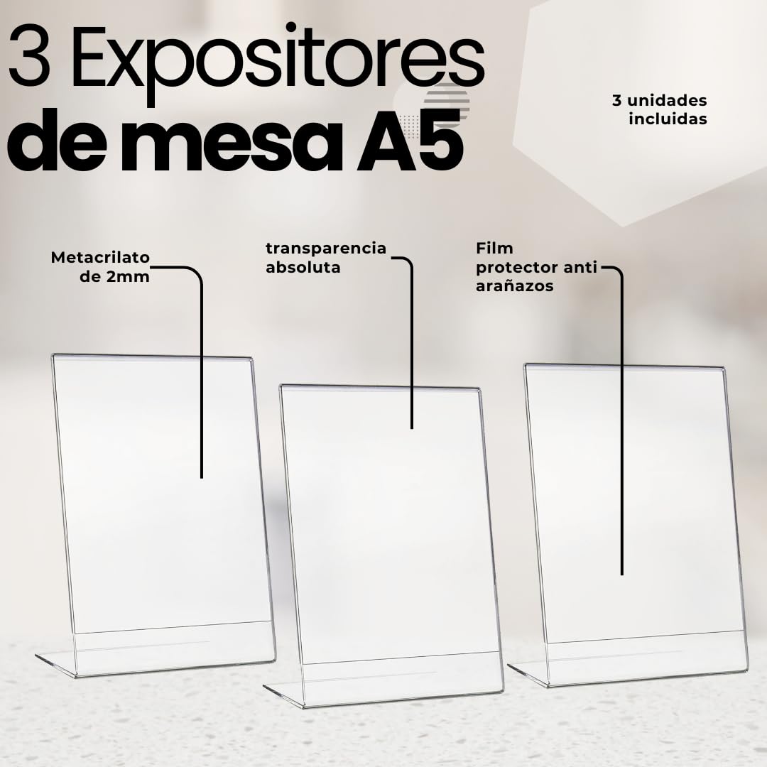 Expositor metacrilato transparente a5, pack 3 unidades, soporte sobremesa para carteles A5, porta menú, porta precios, porta fotos, porta anuncios, display acrílico, expositor vertical A5