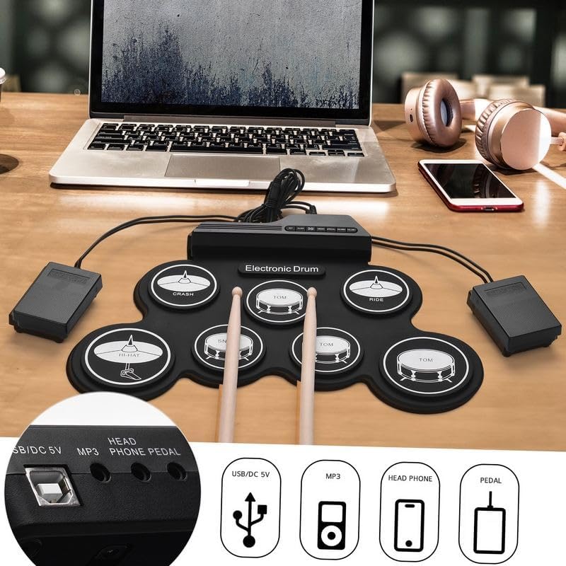 Image of Suptikes Portable Silicon Electronic Drum Kit, Roll Up Digital Drum Pad Set with Drumsticks, Foot Pedals, USB Connection, Headphone Jack,Compact Practice Instrument Without Speacker - Black