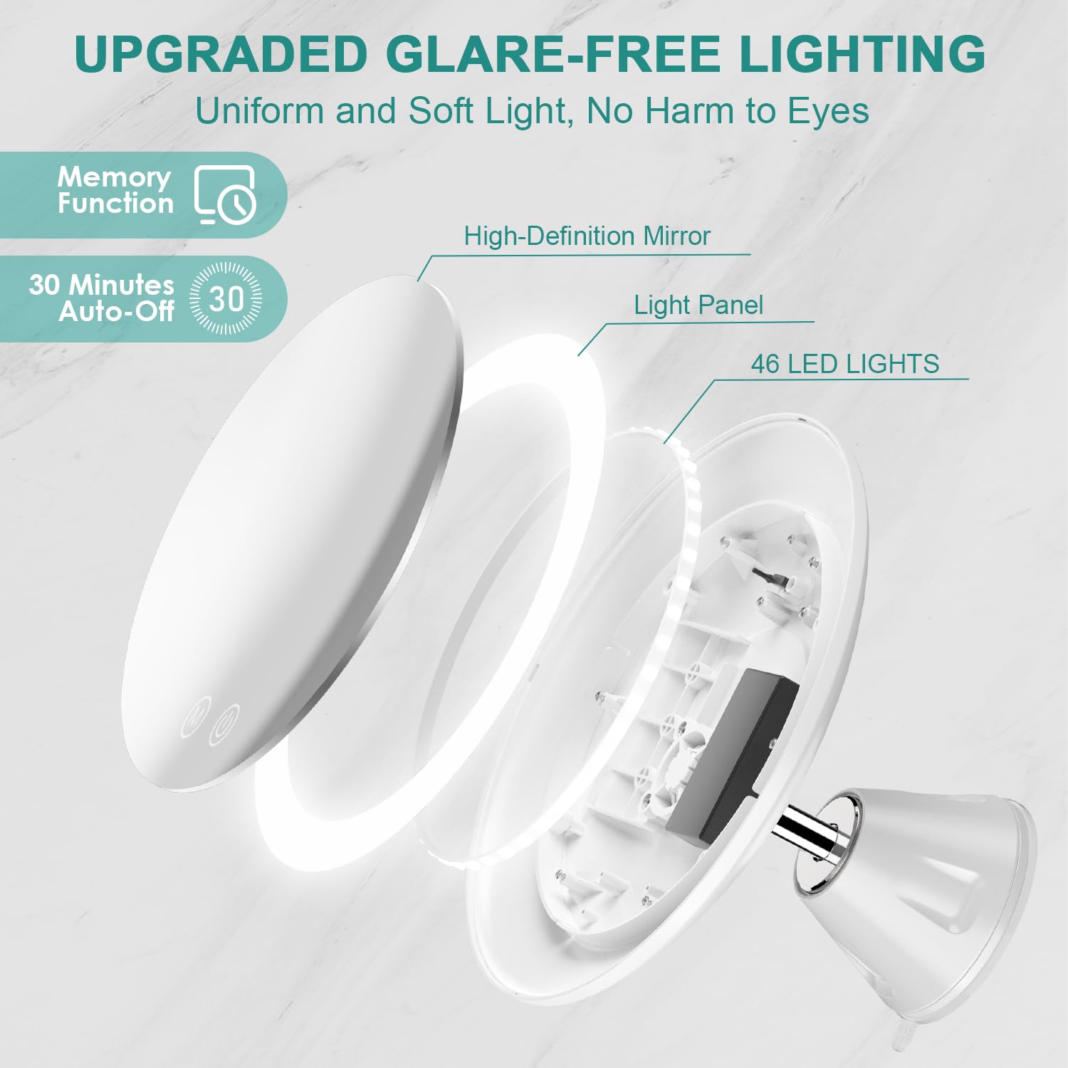 Auxmir Powiększające lustro do makijażu x10 ze światłami LED podświetlane przenośne lusterko łazienkowe, lustro z przyssawką obracane o 360°, białe