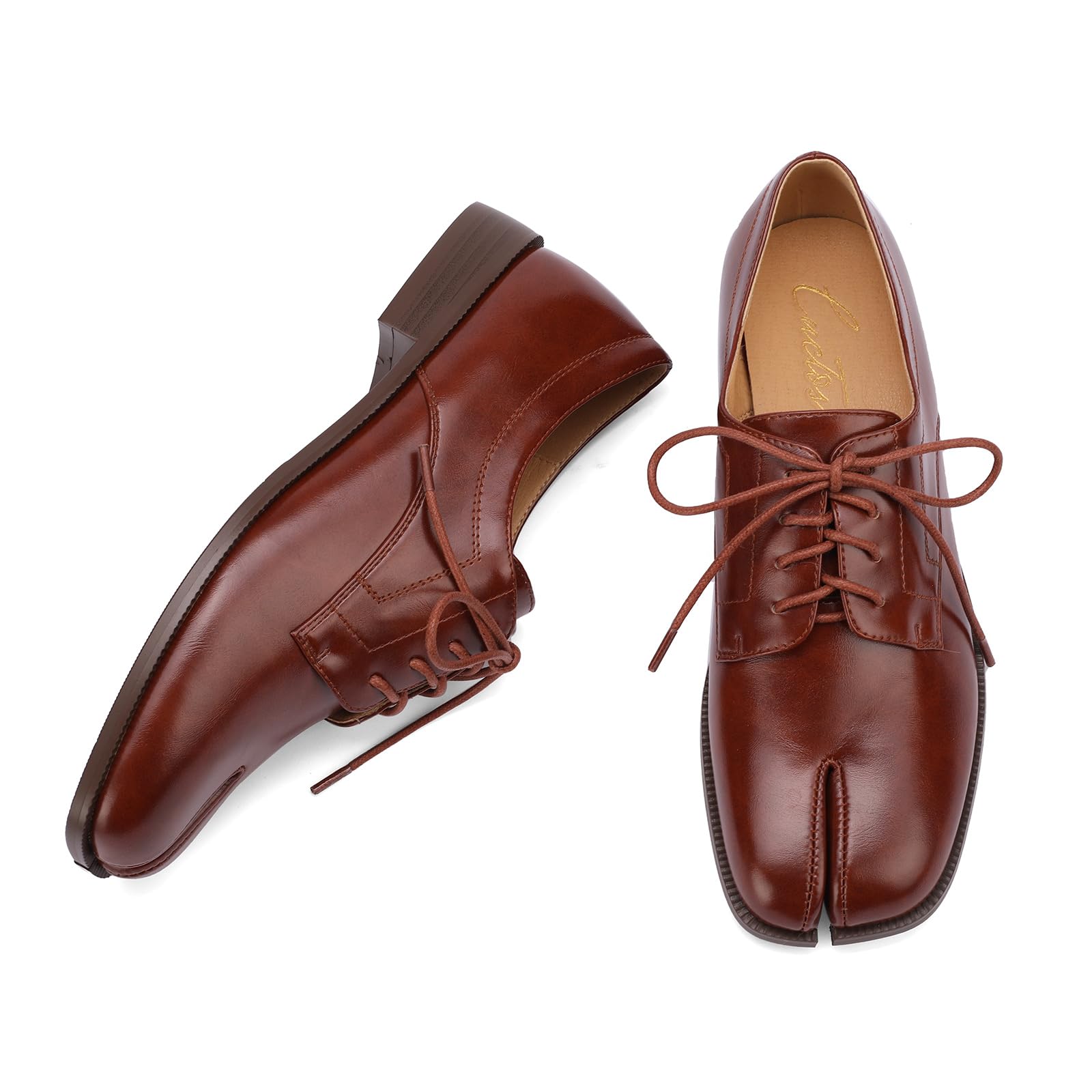 Women Neutral Oxford Shoes Lace-up Handmade Derby Faux Leather Flats Solid Ladies Shoes with Tabi Split Toe