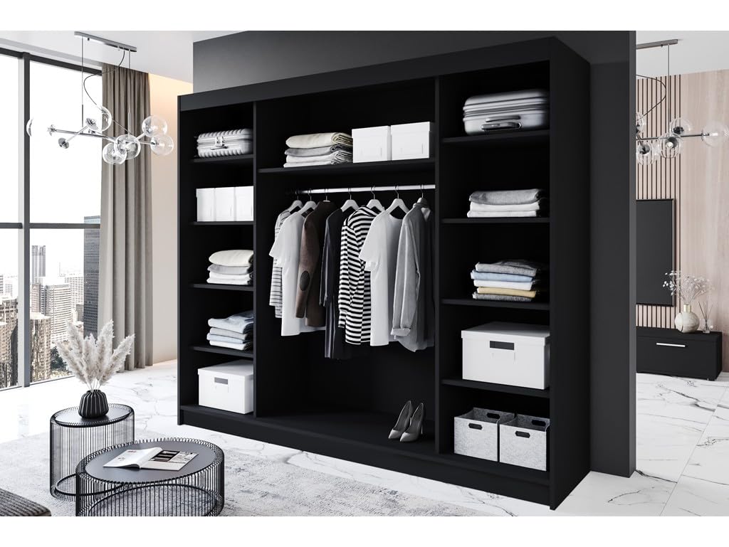 R7 250 cm Schwarz Schiebetüren Kleiderschrank 250x215x58 cm Schlafzimmermöbel, Aufbewahrung - Mehrzweckschrank - Farbe: Schwarz