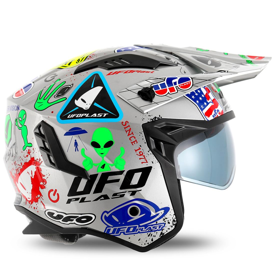 Casco Jet Sheratan Legendary con visiera parasole a scomparsa Trial Street Scooter Moto Argento