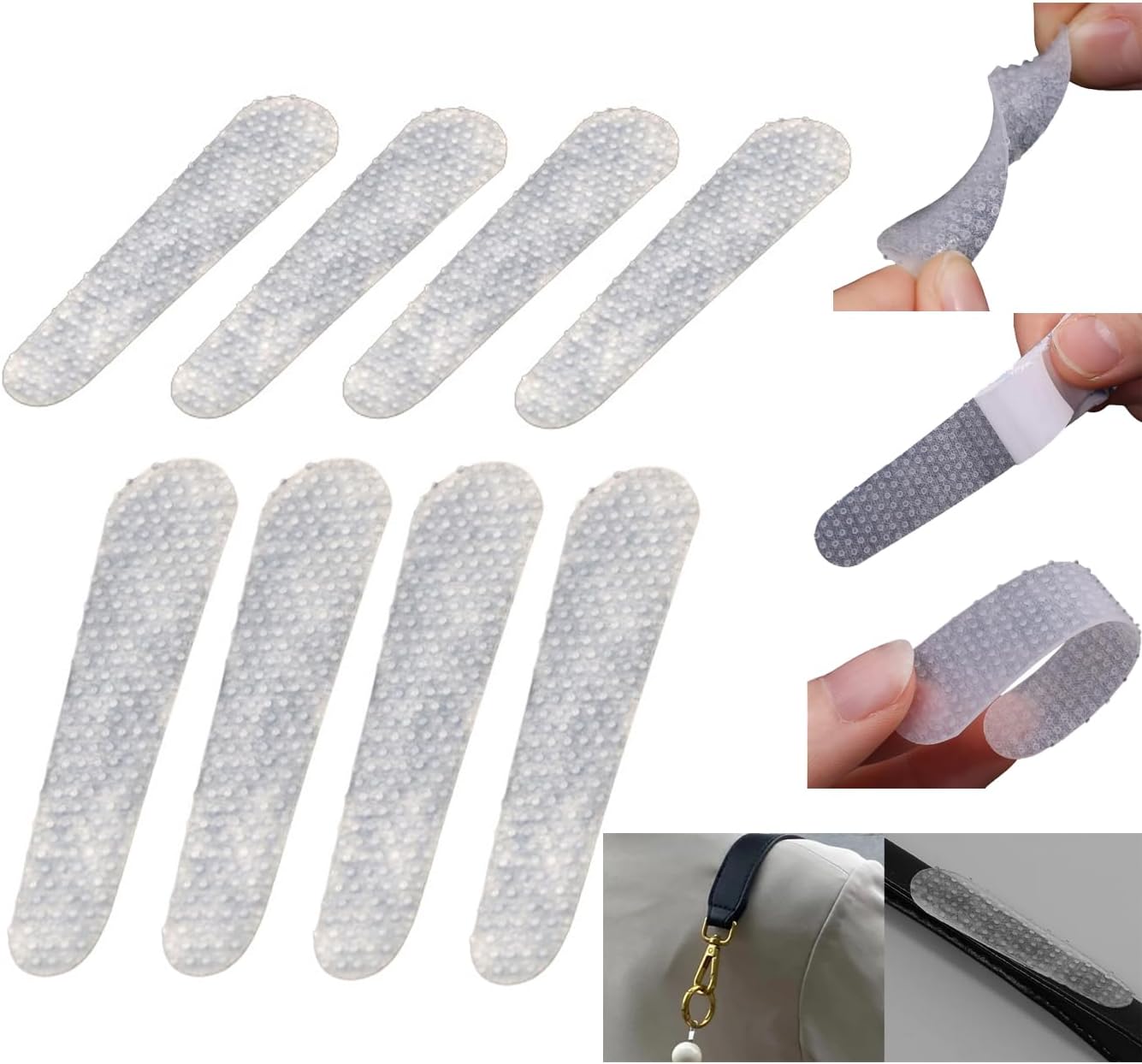 12 Pack Purse Strap Non-Slip Pad Sticker Anti-Falling Clear Rubber Adhesive Strip Grip Holder for Shoulder Bag Straps Keep Stay Handbag Tote Backpack