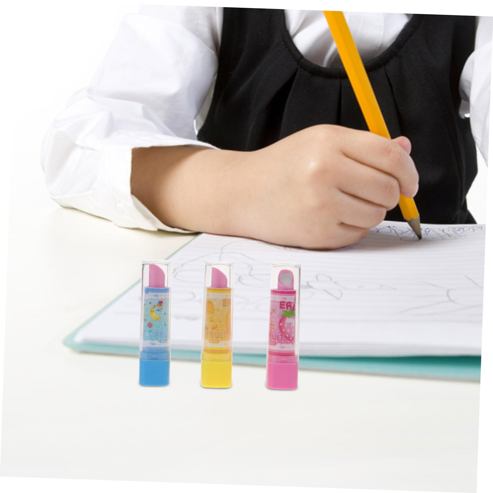 ibasenice Lipstick Shape Erasers 3Pcs Creative Fruit Pattern Pencil Erasers Kids School Stationery Portable
