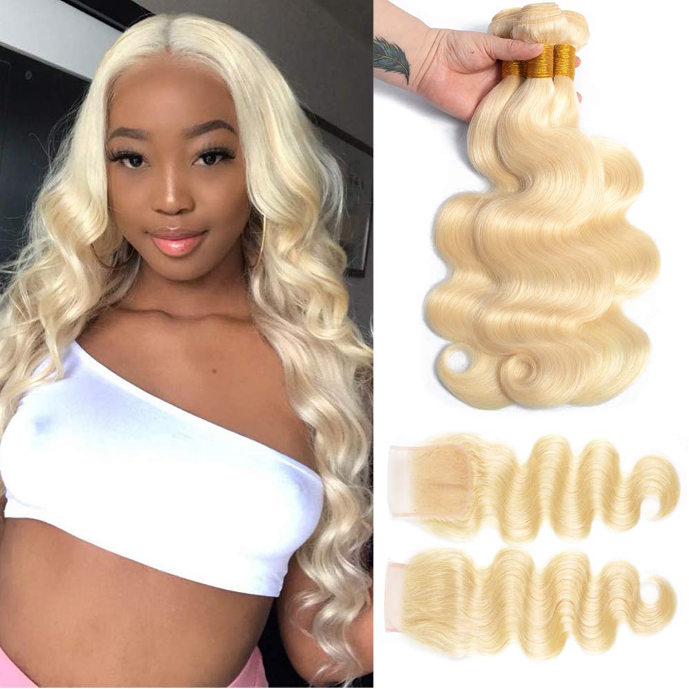 rcmei 613 Bundles with Closure Peruvian Hair Blonde Body Wave Human Hair Bundles with 4X4 Transparent Lace Closure with Baby Hair Honey Blonde Remy Hair (222426+18 inch, bundles with closure)