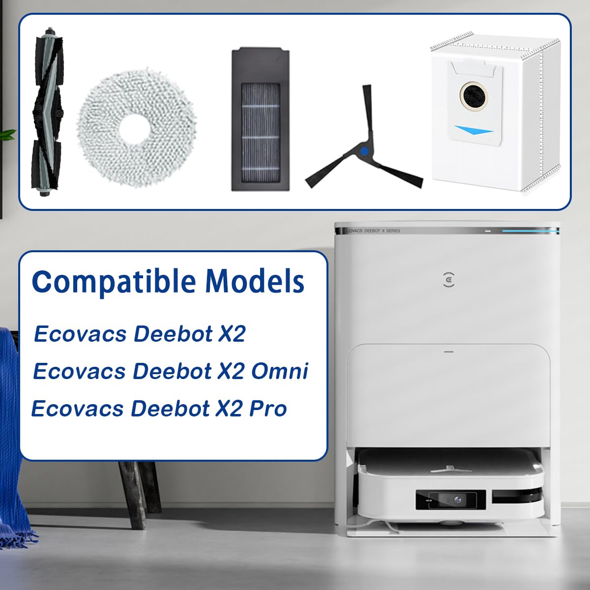 Kit Accessoires ECOVACS DEEBOT X5 Omni - 1 Brose Zero Tangles, 2 Filtres HEPA, 6 Serpillères, 4 Brosses Latérales