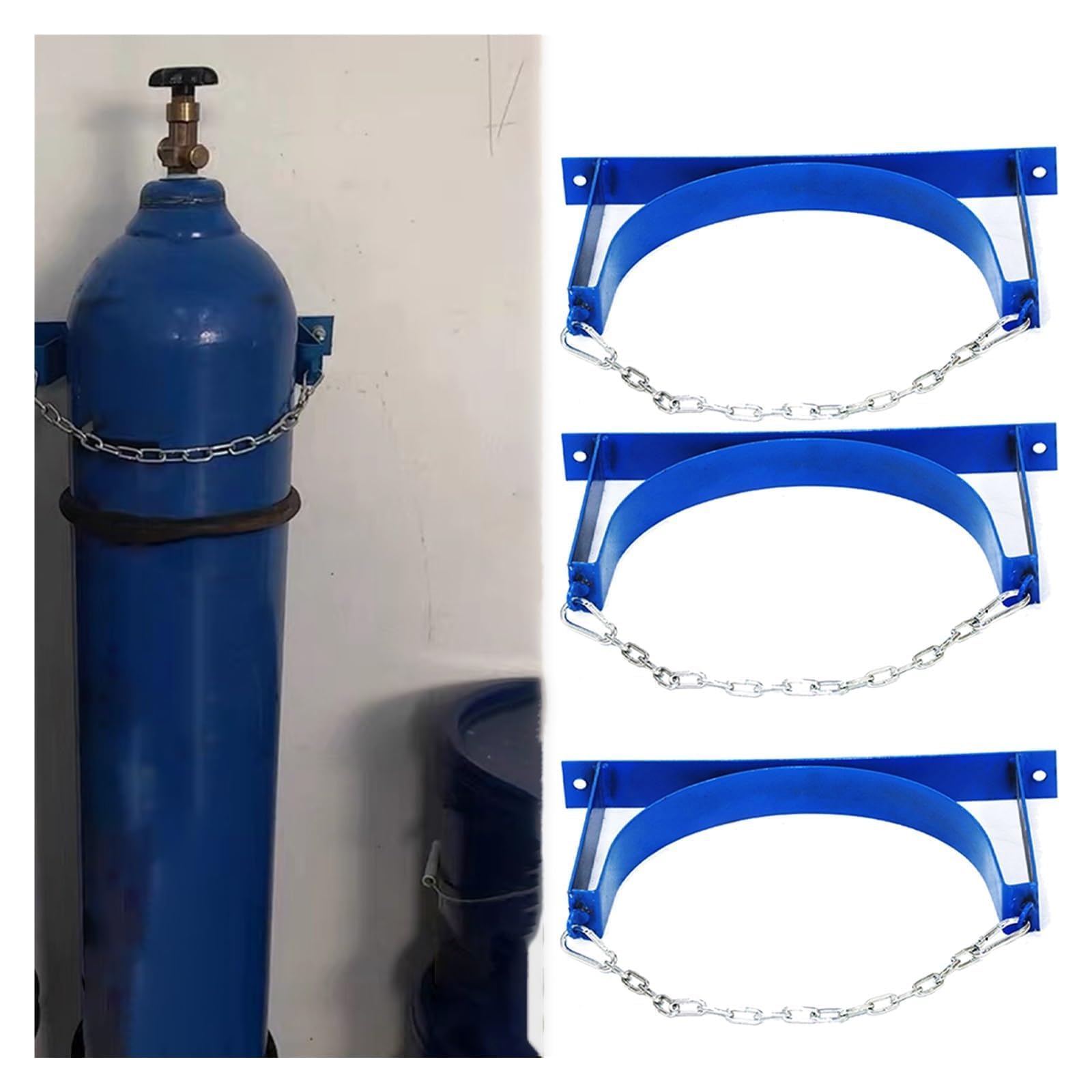 Genérico Soporte de Pared para bombona de oxígeno - Soporte para Tanque de Gas Nitroso con Orificios pretaladrados, Tornillos y Cadena de Seguridad - Sujeta 1 Botella, 3 Unidades - Ideal para Uso Dom