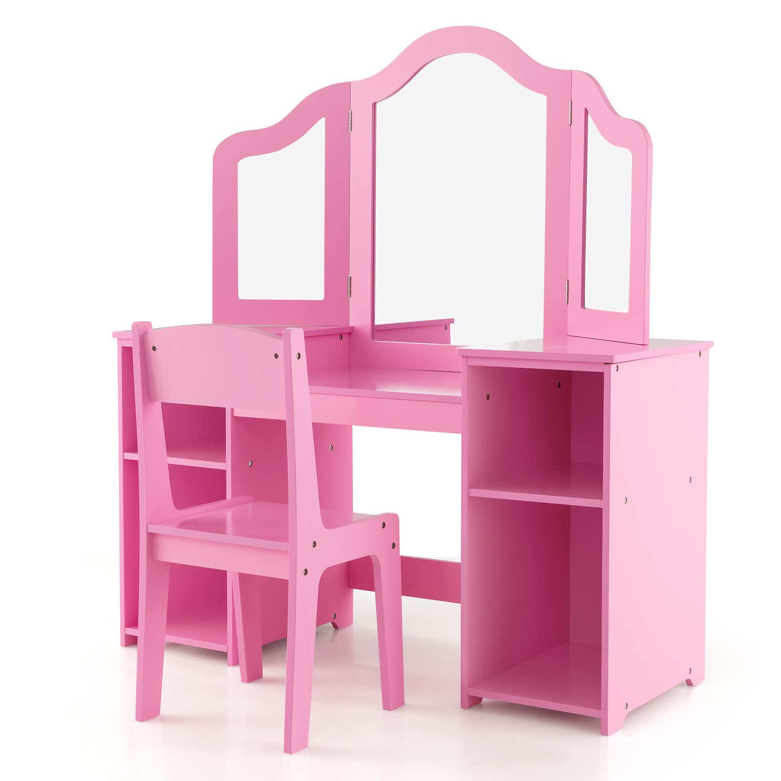 COSTWAY Set Toeletta per Bambini 2 in 1, Set Postazione Trucco in Legno con Sedia, Specchio a 3 Ante Rimovibile e 4 Scomparti, per Bambini 3+ Anni (Rosa)