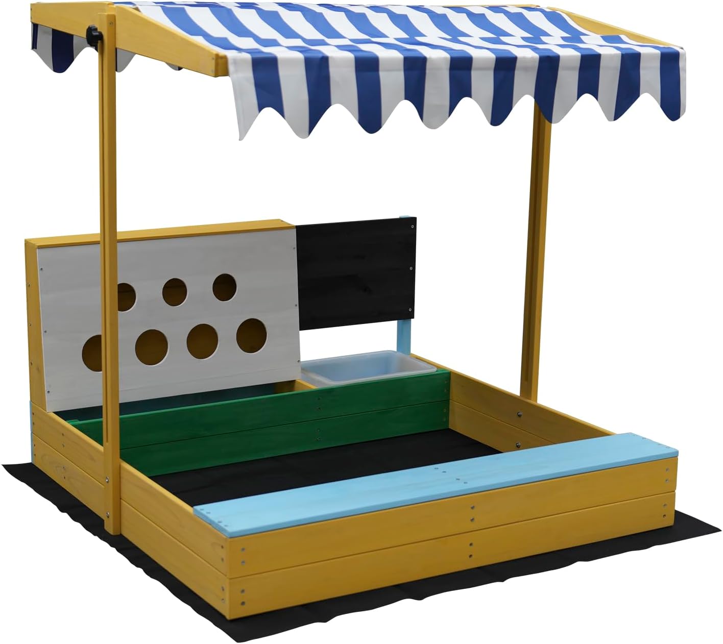 Kids Wooden Sandbox with Retractable Canopy, Blue and White Striped Roof, Outdoor Play Set with Chalkboard and Activity Panel