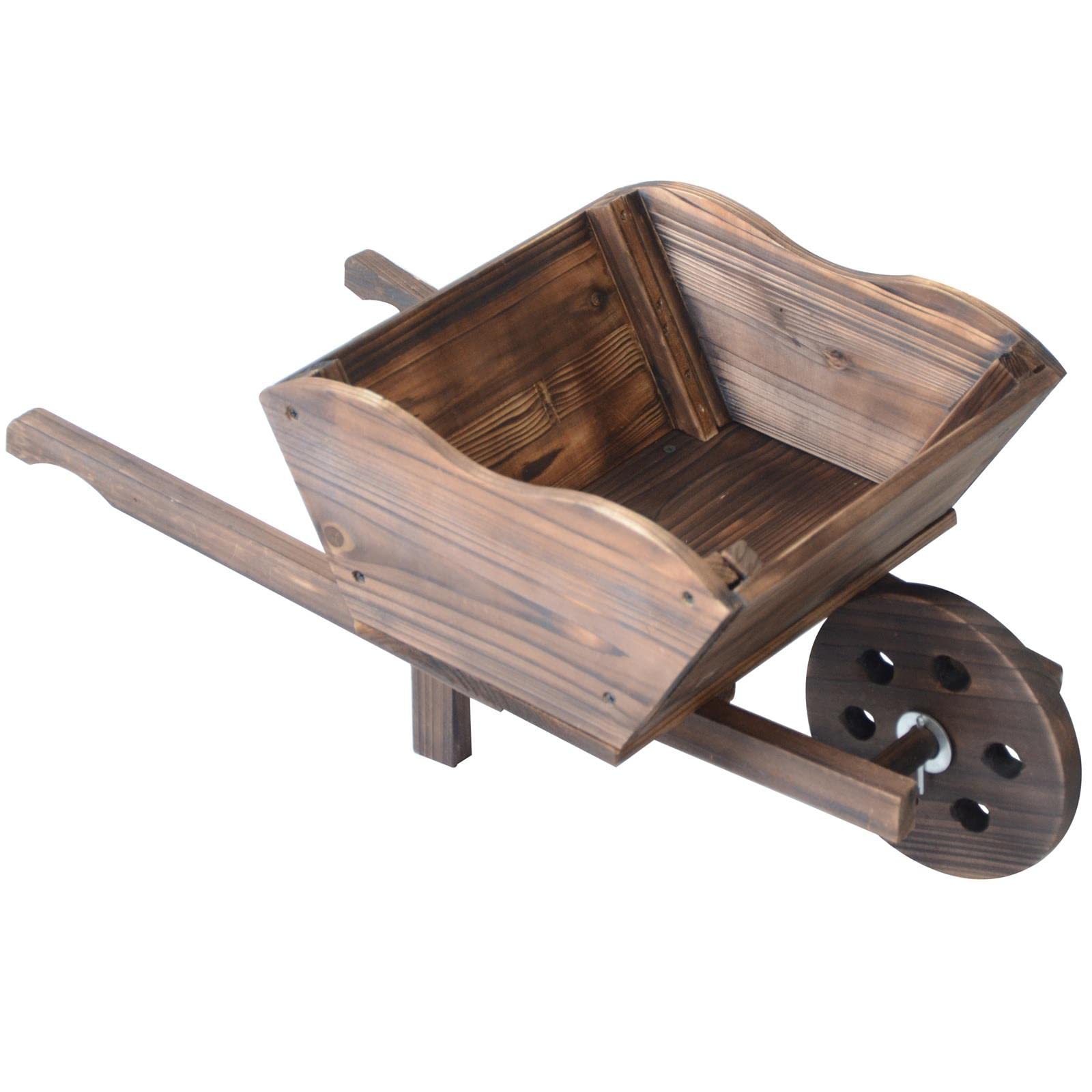 Gr8 Garden Brown Wooden Wheelbarrow Planter Modern Garden Rustic Wood Flower Cart Wheel Barrow Ornamental Plant Pot Tub Box Basket Raised Bed Stand