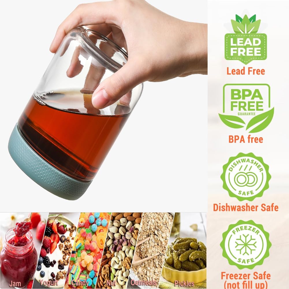 Recipientes de vidrio para avena nocturna, paquete de 6 tarros Mason de boca ancha de 16 onzas con 6 tapas herméticas, 6 cucharas, un marcador y un cepillo para almacenamiento de frutas,