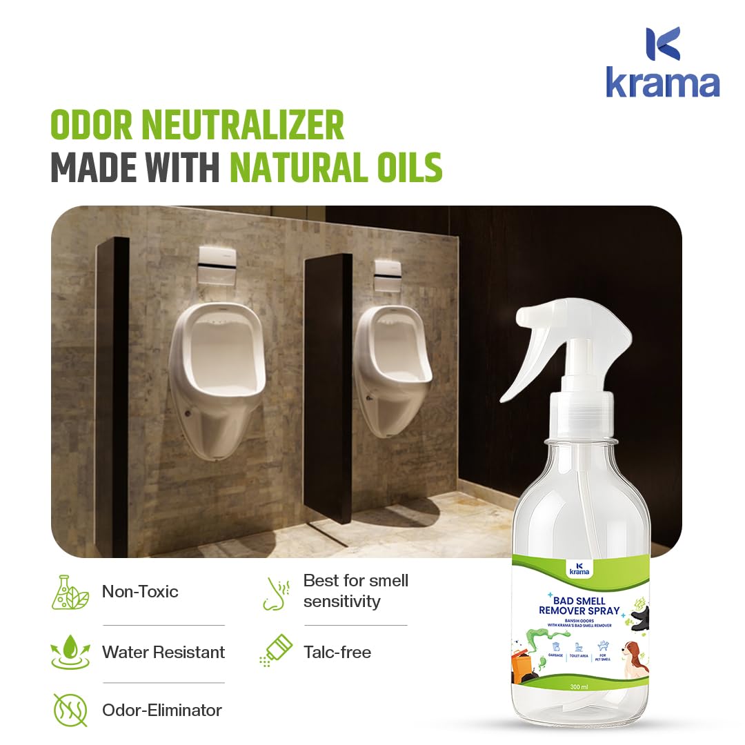 Krama Multi Purpose Natural Pet-Shoes Smell Remover Spray - Long Lasting-Instant Odour Remover for Bad Socks, Urine, Potty, Vomit, Dustbin & Burnfood - Kitchen Drain & Bathroom Smell Eliminator -300ml 1