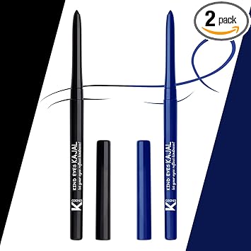 KINDED Kind Eyes Kajal 3 in 1 Kohl Kajal Eye Liner Smokey Eye Shadow Waterproof Smudge Proof 18 Hours Colour One Stroke Auto Kajal Pencil (Combo 0.35 gm each, Boundless Black & Butterfly Blue)