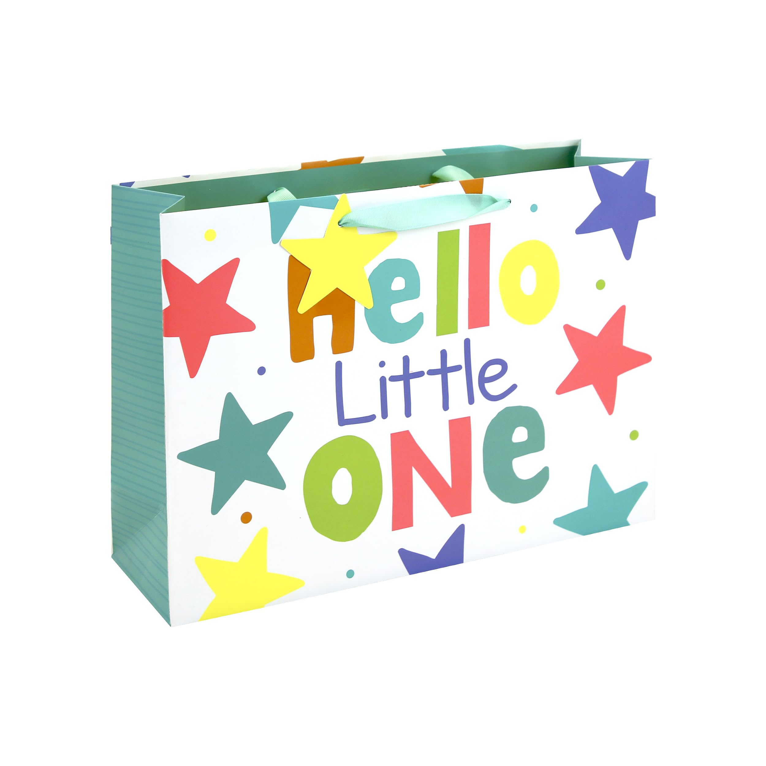 Eurowrap Hello Little One Large Gift Bag – Colourful New Baby Gift Bag with Stars, Spot UV Finish & Grosgrain Ribbon Handles – Premium Baby Shower & Christening Packaging