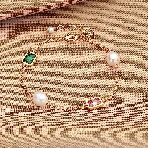 XYJZXY Gold Pearl Bracelet for Women 18K Gold Plated Pearl Link Bracelet Adjustable Cubic Zirconia Bracelets3