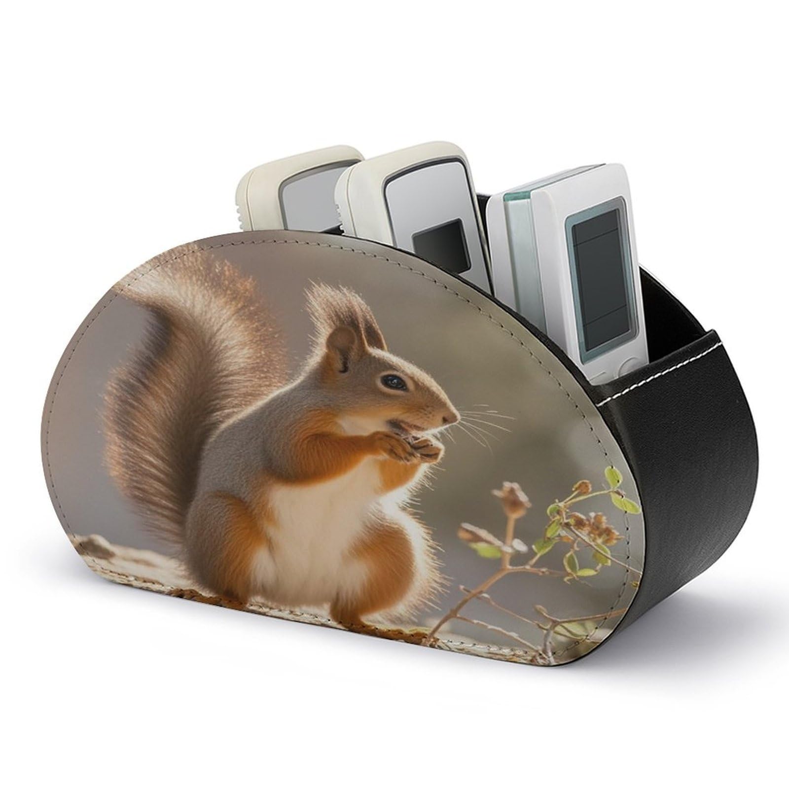 FekiLoot Squirrel Funny Animal TV Remote Control Holder with 5 Compartments Multi-functional Leather Bedside Table Remote Caddy Desktop Storage Box for Store Pen Controller Media Player Cosmetic