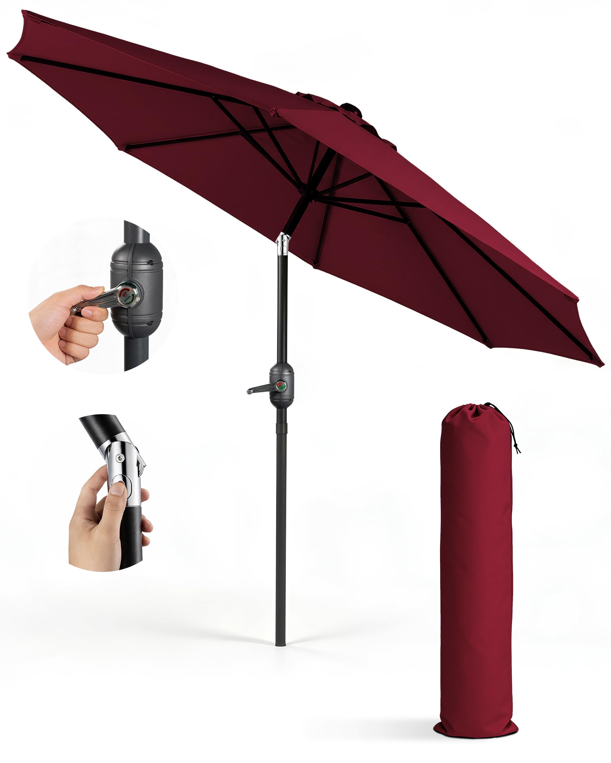 KEPLIN 2.7m Tilting Parasol – Crank & Tilt Outdoor Umbrella with Protective Cover, 180gsm UPF 50+ Polyester Canopy, Steel Frame for Patio, Garden & Balcony