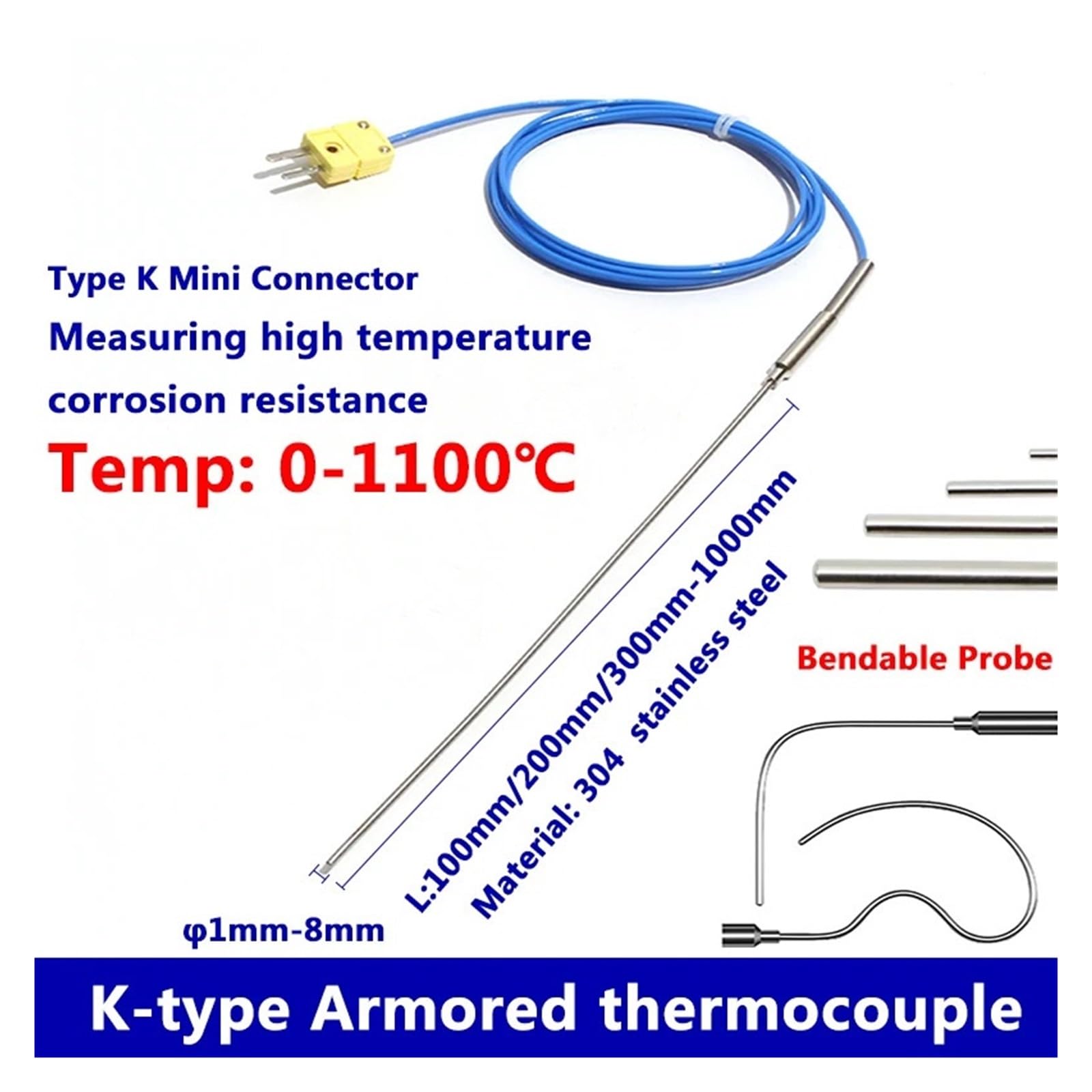 Sensor de temperatura del sensor tipo K termopar blindado | Flexible(Probe diam 8X1000mm)