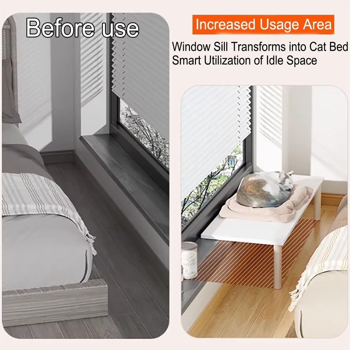 Estante de madera para alféizar de ventana para gatos, percha ajustable de 31 a 59 pulgadas con 2 patas de apoyo, estudio y descanso