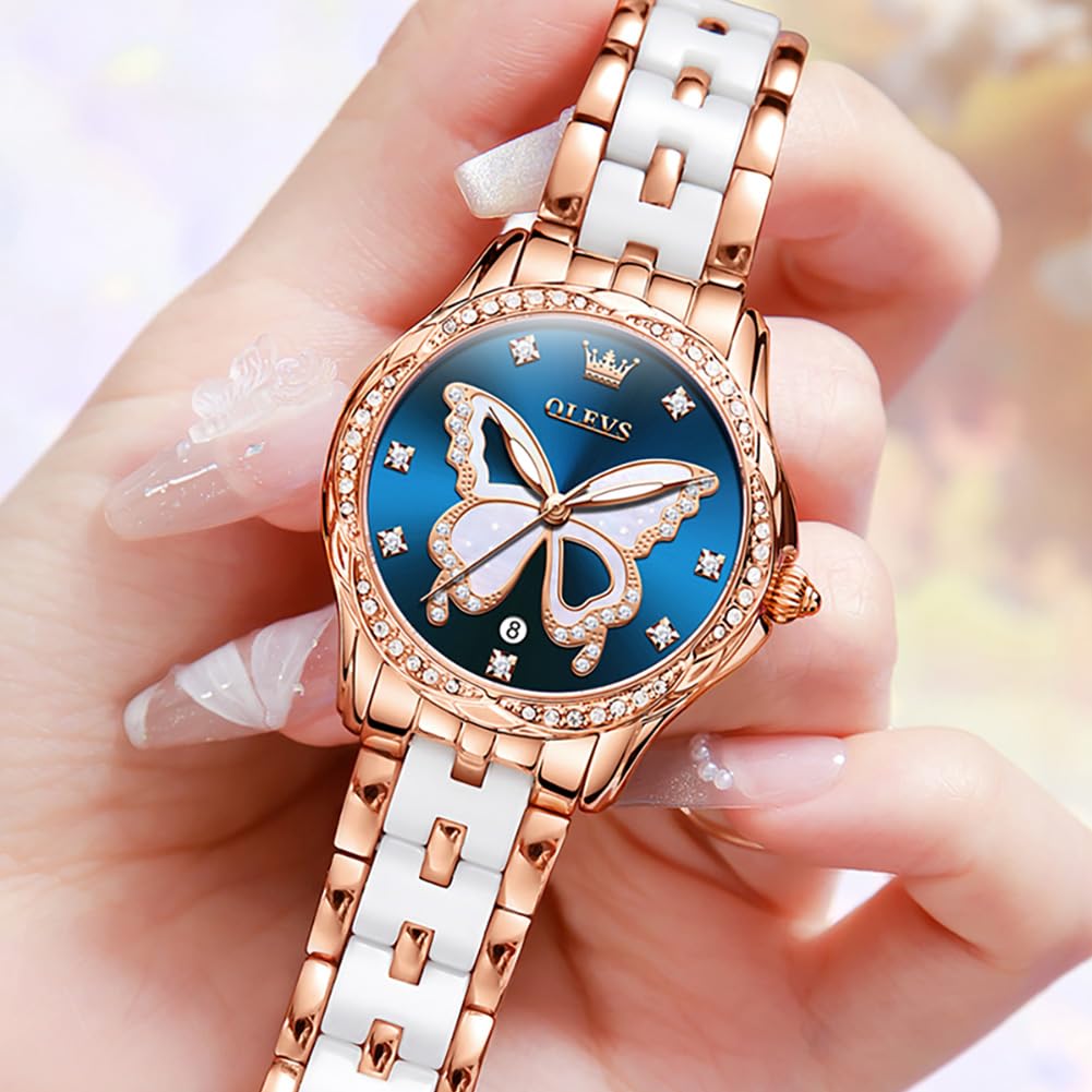 OLEVS Damen-Diamantuhr Elegante Luxus-Armbanduhr Damenuhr aus Roségold mit Keramikglas