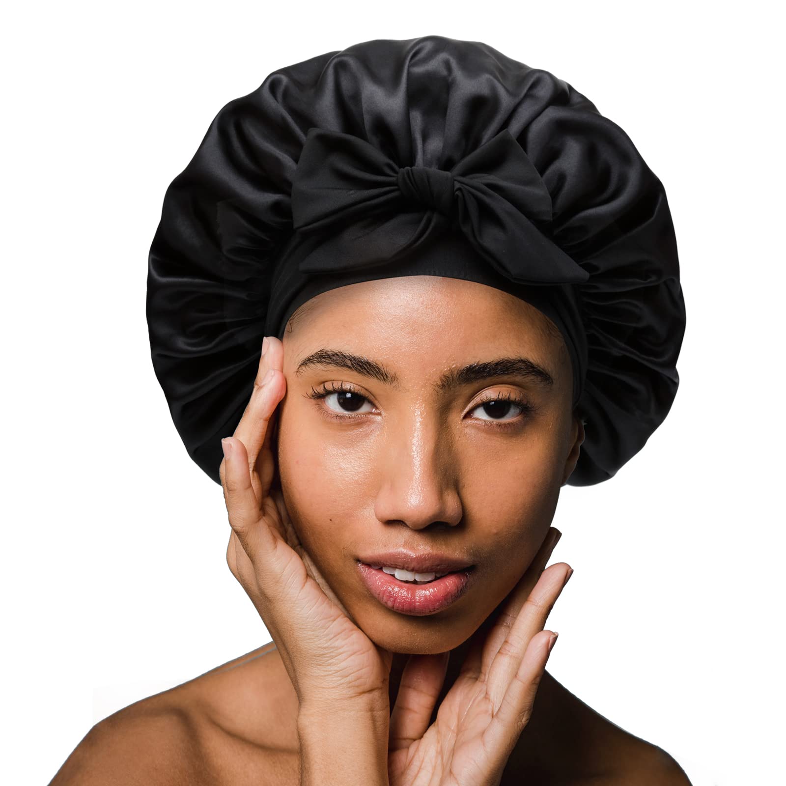 Silky Satin Hair Bonnet, Night Cap Hair Cover for Black Women Hair Care with Soft Strechy Tie Band - Jumbo Satin Sleep Cap