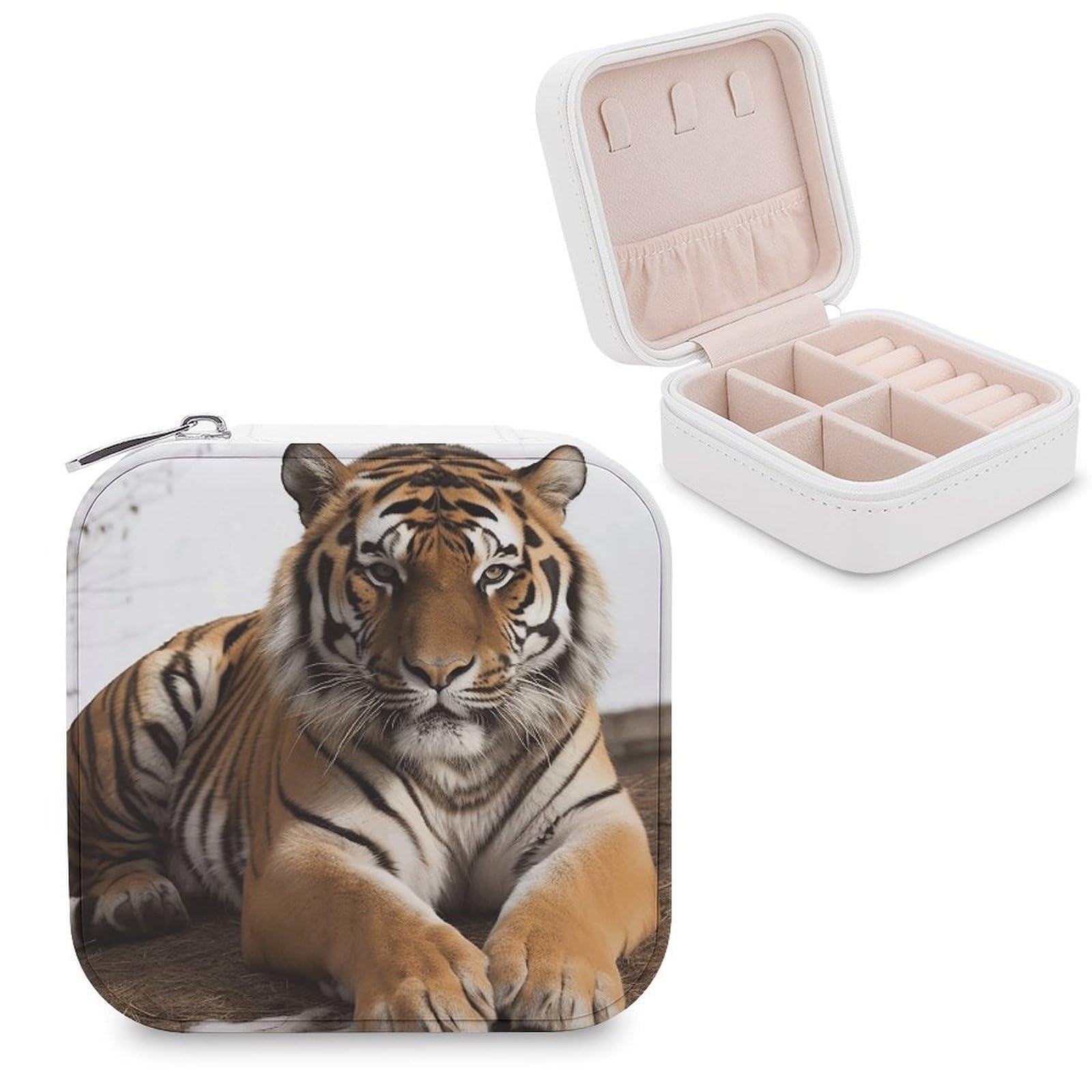 VstaDank Big Tiger Travel Jewelry Case Zipper Portable Small Jewelry Box Custom Pu Leather Mini Traveling Jewelry Organizer for Rings Earrings Necklace Bracelet Girls Women