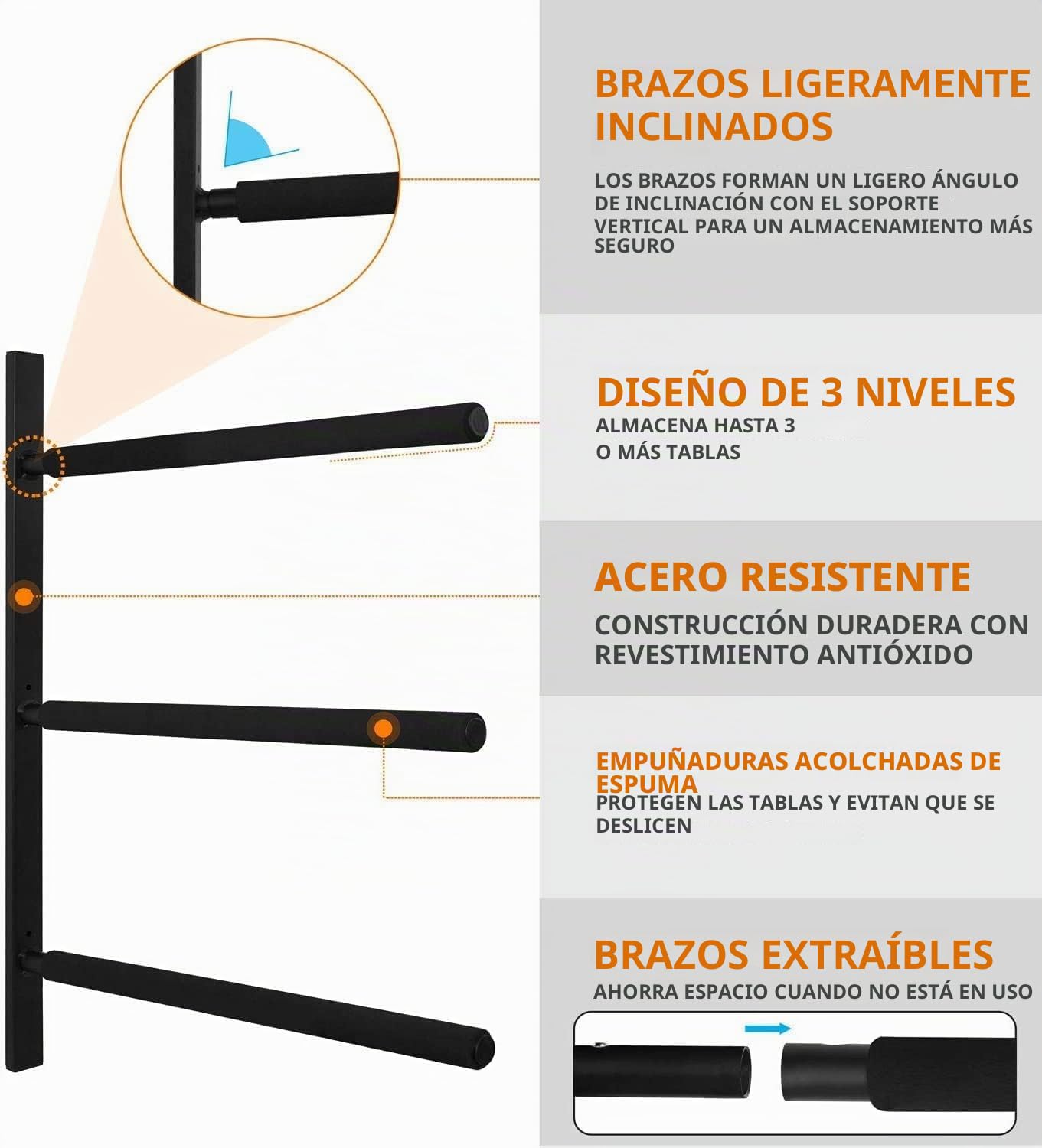 Yes4All Soportes de pared para tablas de paddle, Soportes para tablas de surf con acolchado de espuma, Almacena y exhibe hasta 3 tablas de surf, snowboards, longboards, negro