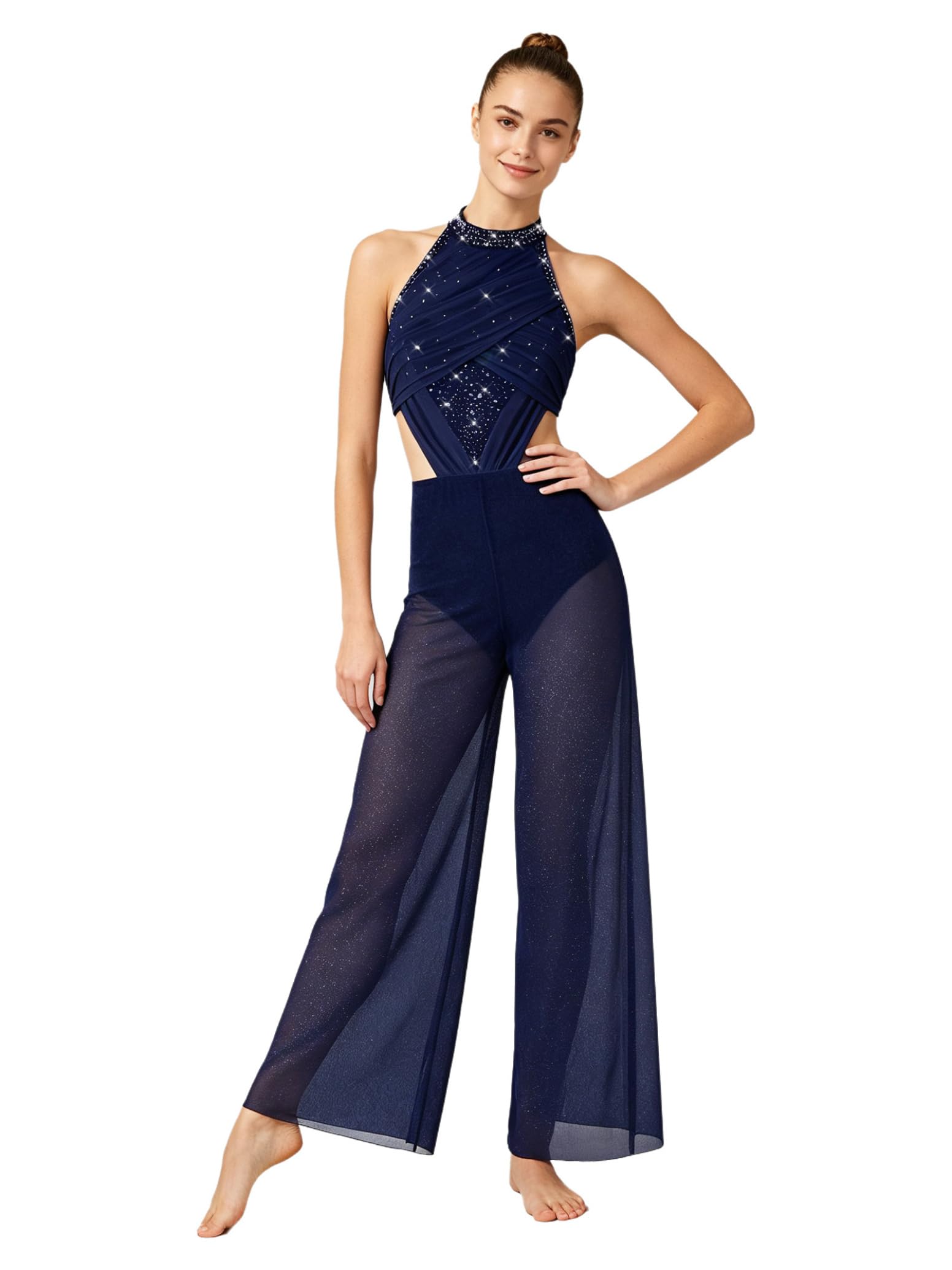 inlzdz Donna Tuta Intera Ginnastica Artistica Jumpsuit Pattinaggio Latino Blu Navy 3XL