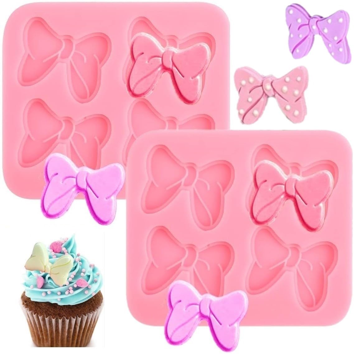 Photo 1 of Bow Silicone Mold,2 Pcs 4 Hole Bow Chocolate Mold,Bows Fondant Molds Sugar Candy Cake Pop Mouse Bow Cartoon Butterfly Tie Craft Molds for DIY Birthday Party Cake Decorating