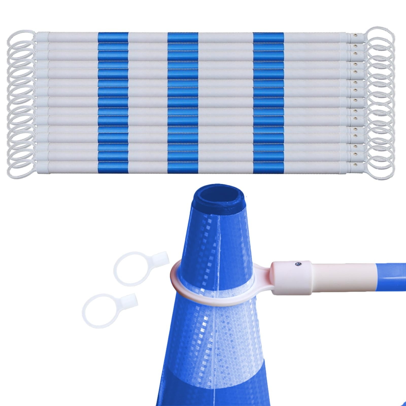 LZMZMQ Traffic Cone Barrier Extension Poles, 2 4 8 10 12 16 20 Pack Retractable Traffic Safety Cone Bar/Yellow Blue Red Caution Cones Bars, with Rings & Reflective Film(16 pcs Blue White)