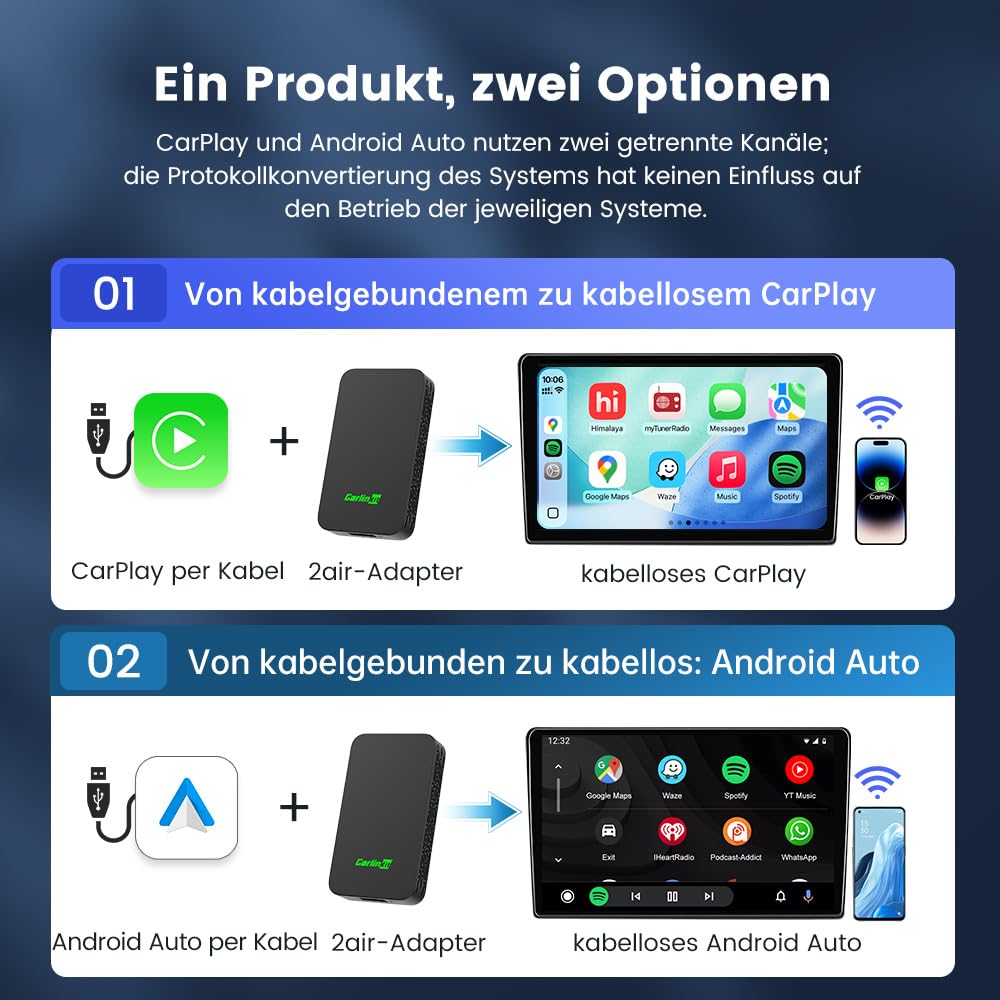 Carlinkit 2026 5.0 2air CarPlay Wireless und Android Auto Wireless 2 in 1 Adapter,Geeignet für Autos mit eingebauten in Apple CarPlay und Android Auto(2016-2026),Plug-and-Play Automatische Verbindung