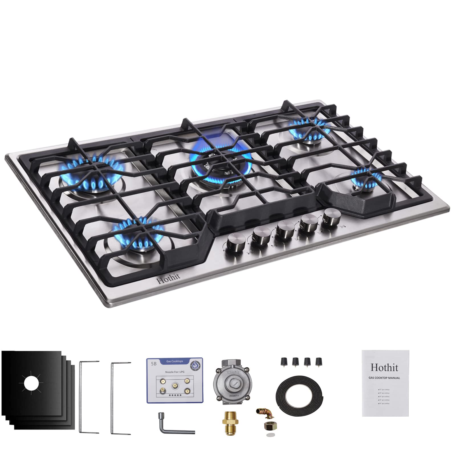 Photo 1 of **MISSING PARTS* Hothit 5 Burners 34 inch Gas Cooktop, 36000 BTU Stainless Steel Gas Range Top, Gas Cooker Stove Propane Gas/Natural Gas Convertible