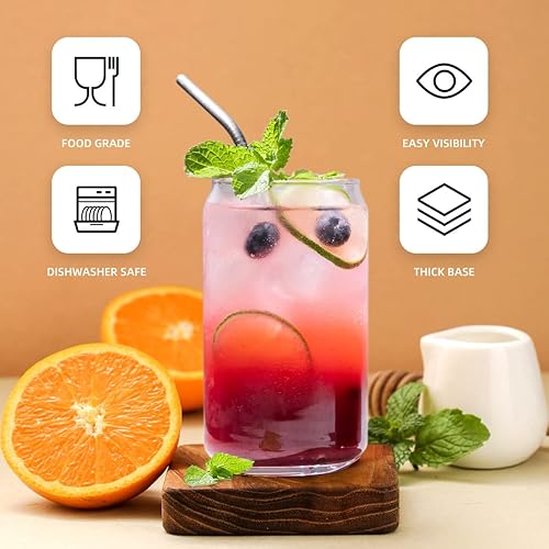 Miniatura 2 de YULEER Vasos de vidrio con tapas y pajitas, paquete de 6, vasos de cerveza con forma de lata de 16 onzas, botellas de agua para café helado, cóctel,