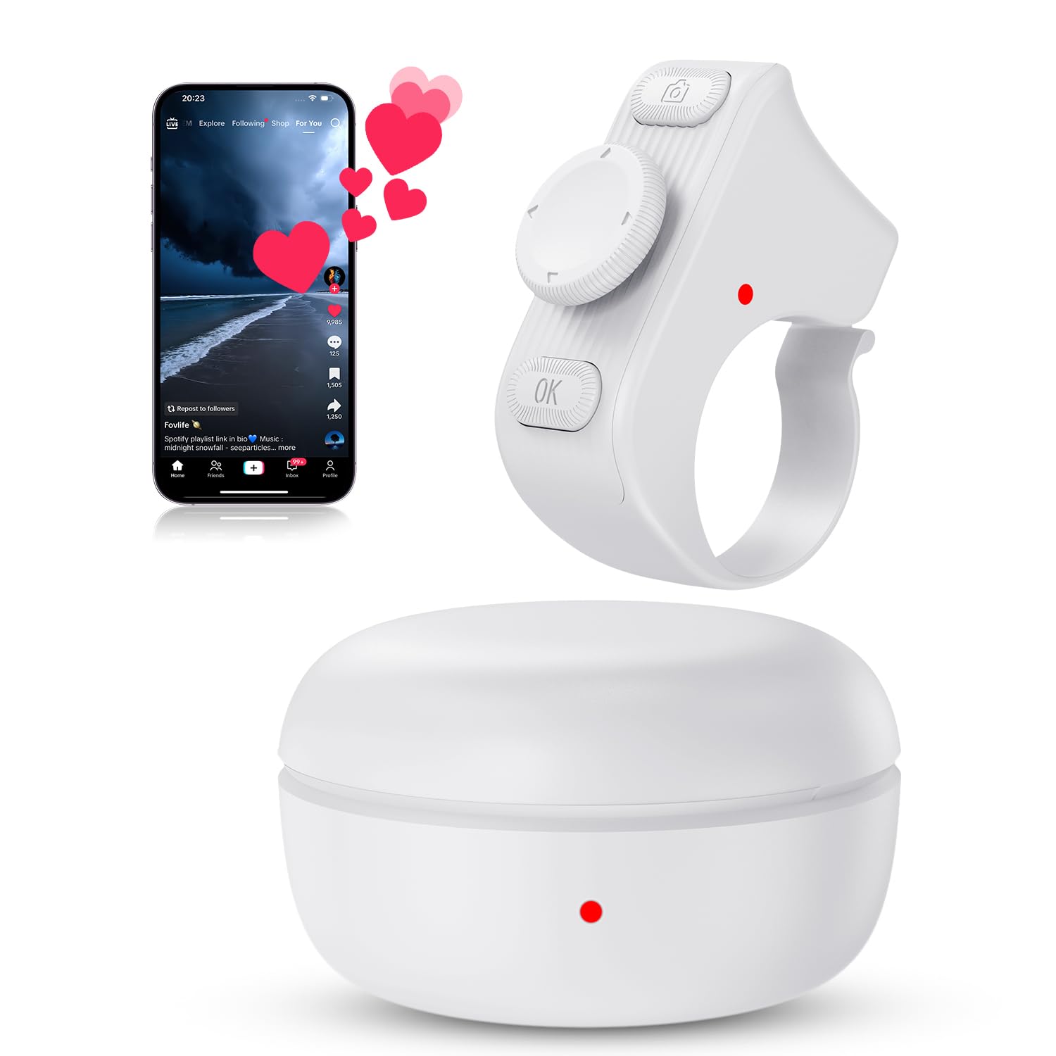 Photo 1 of [New Upgrade, Easy to Use] TikTok Scrolling Ring Remote Control, Camera Shutter Remote, Wireless Bluetooth Scrolling Ring for iPhone, iPad, iOS, Android - Light White
