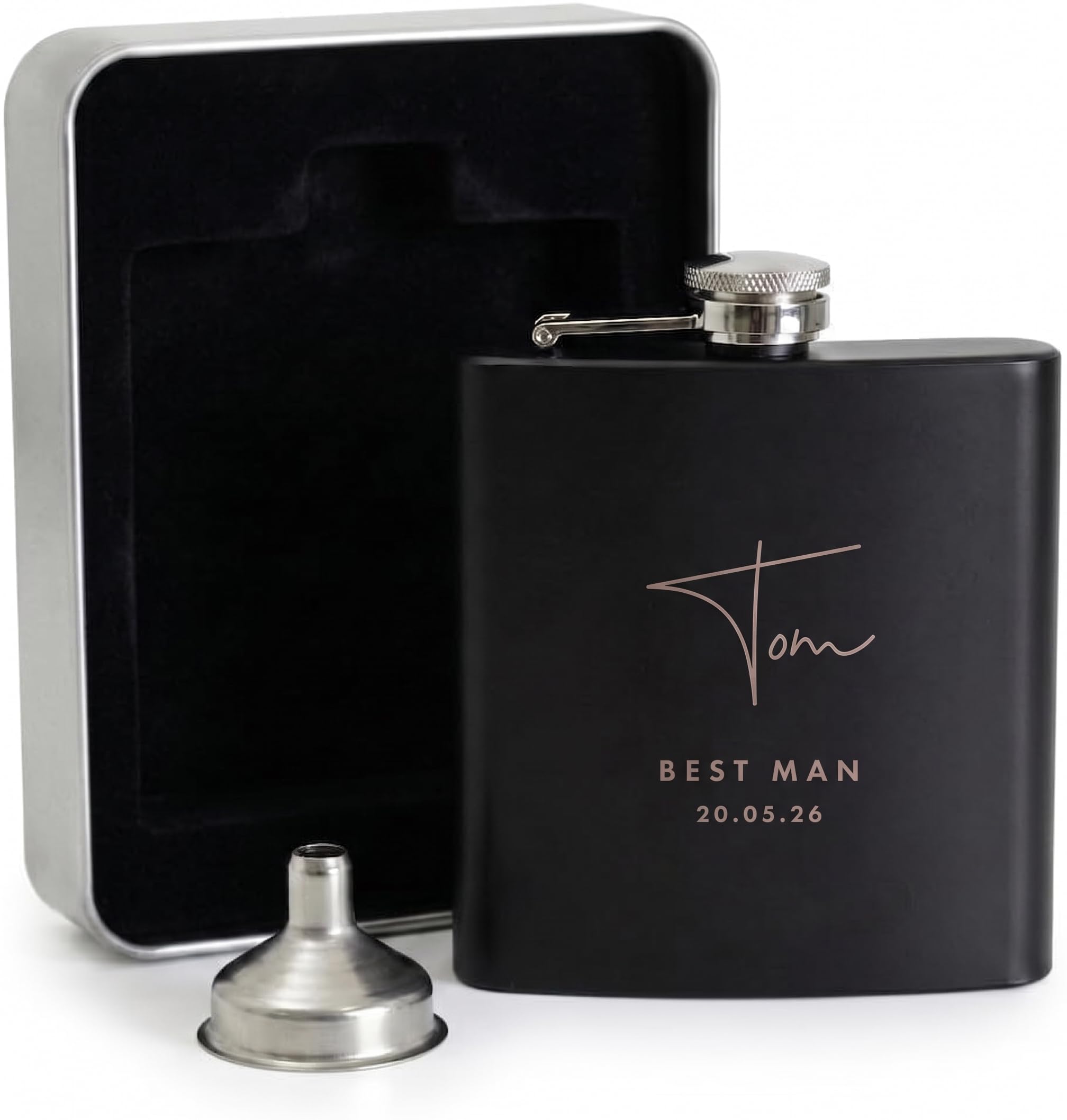 Personalised Script Text 6oz Black Hip Flask Gift Set | Includes Metal Presentation Tin & Filling Funnel | Custom Script Font Engraved Matte Black Flask | Birthday & Groomsmen Gift | Best Man Keepsake