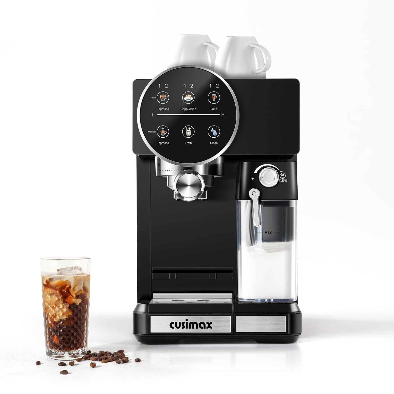 CUSIMAX Expresso Coffee Maker with Milk Frother, Cappuccino Machine Makes Espresso, Cappuccino, and Lattes with One-Touch Ease, and the Manual Mode Makes Creative Coffees with Cleaning Function
