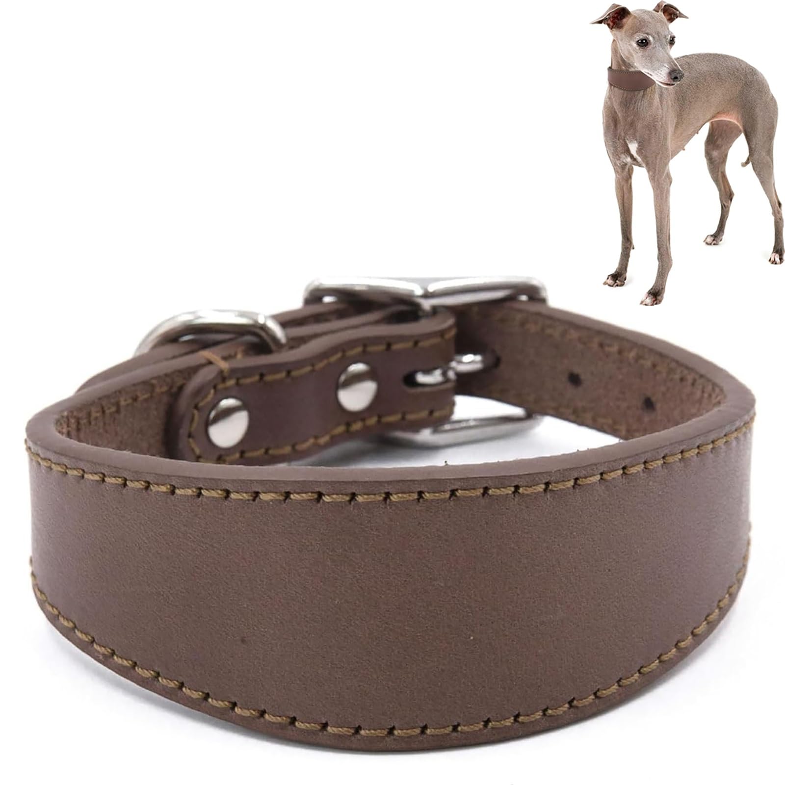 Wide Padded Leather Dog Collar for Italian Greyhound & Whippet, Adjustable Soft Pet Collar with Heavy Duty D-Ring for Daily Walking & Outdoor Use(Brown,M)