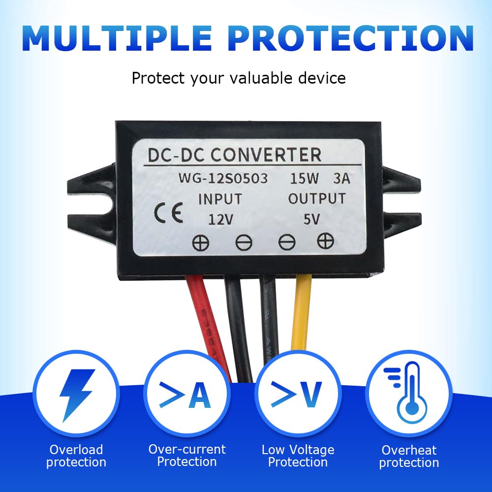 DWEII 2-Pack 12V To 5V DC Buck Converter – 3A 15W Waterproof Voltage Regulator Module