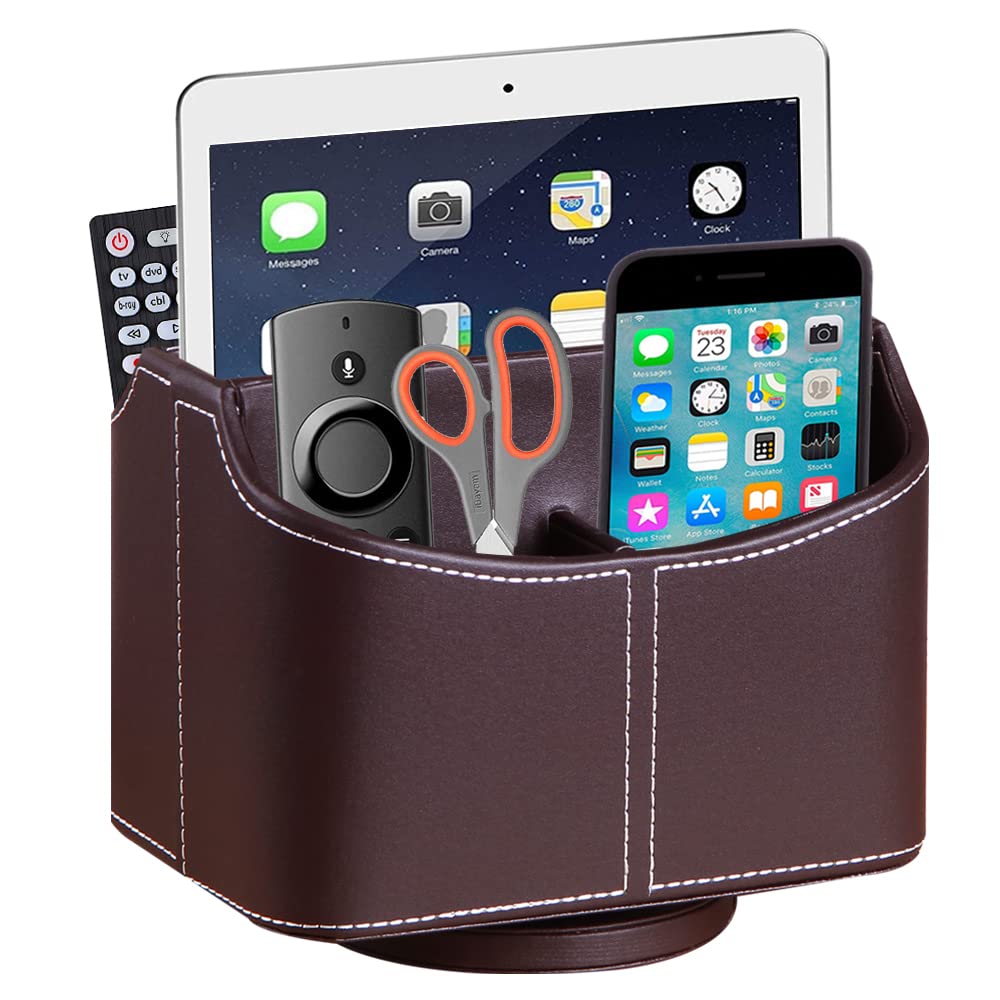 Support de télécommande en cuir rotatif marron pour bureau