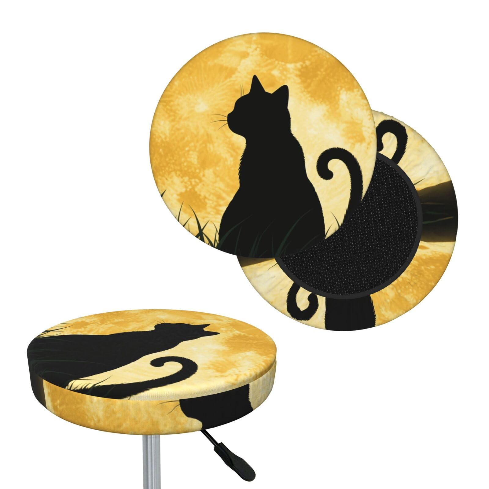FekiLoot Full Moon Cat Sit in Grass Field Round Bar Stool Covers Stretch Washable Bar Stool Covers Dustproof Slipcover Bar Chair Covers with Elastic Band for Bar Kitchen Living Room Decor 12 Inch