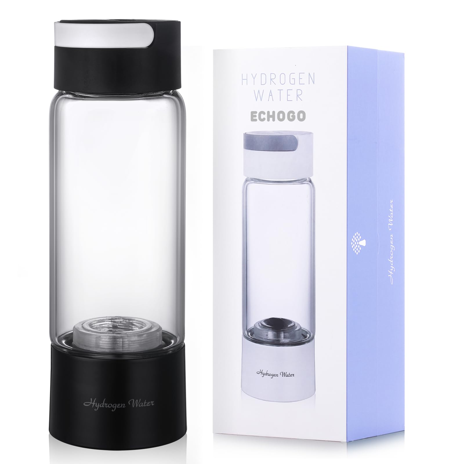Echo Go New Upgraded Version Hydrogen Water Bottle,Hydrogen Water Bottle Generator,Portable H2 Rich Water Cup,Your Perfect Partner for a Health-Conscious Lifestyle Glass 380ml (Black)