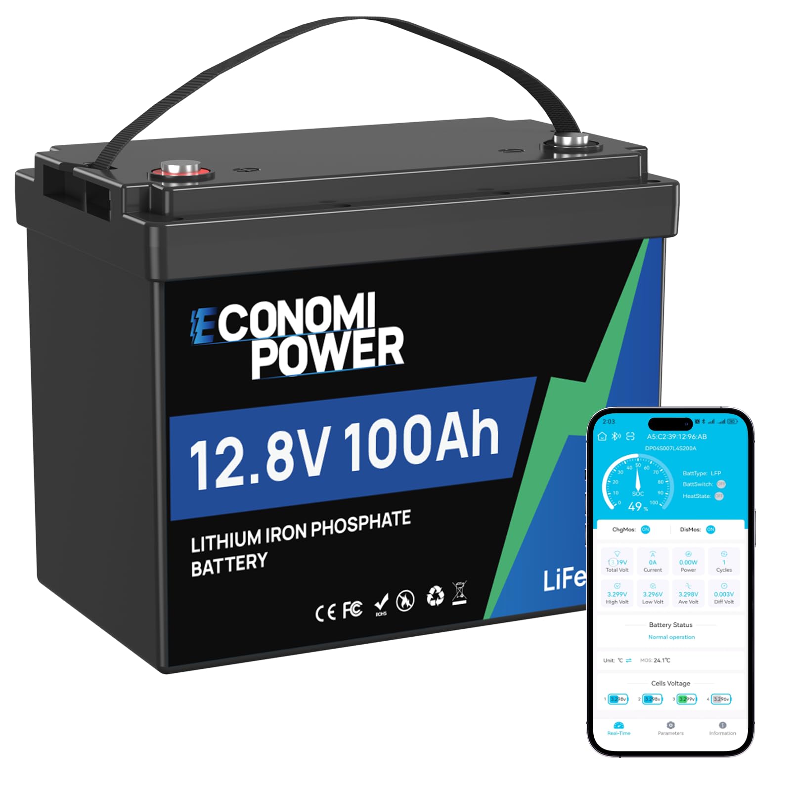 Batterie Lithium 12V 100Ah LiFePO4 100A BMS 4000-15000 Deep Cycle Lithium Battery, Max 1280 Wh pour Moteur de trolling, Camping-Car, système Solaire et Hors réseau