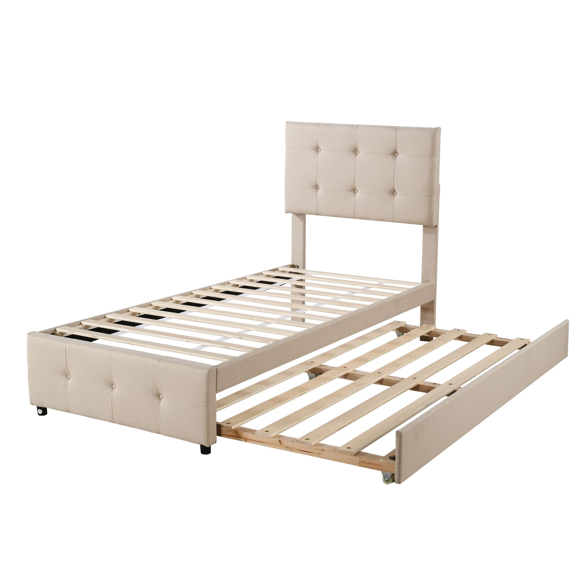Cama tapizada de 90 x 200 cm, cama nido extraíble, cabecero ajustable, acolchado de lino agradable al tacto, cama individual plana, cama para niños, cama juvenil, cama de invitados (beige)