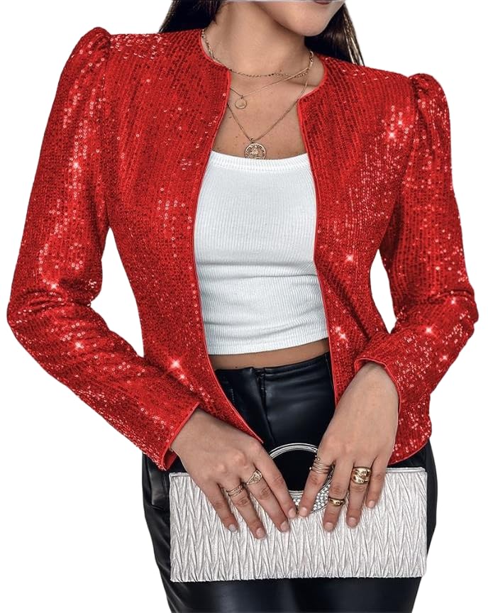 Women's Sequin Shrug Cardigan Open Front Collarless Christmas Gli...