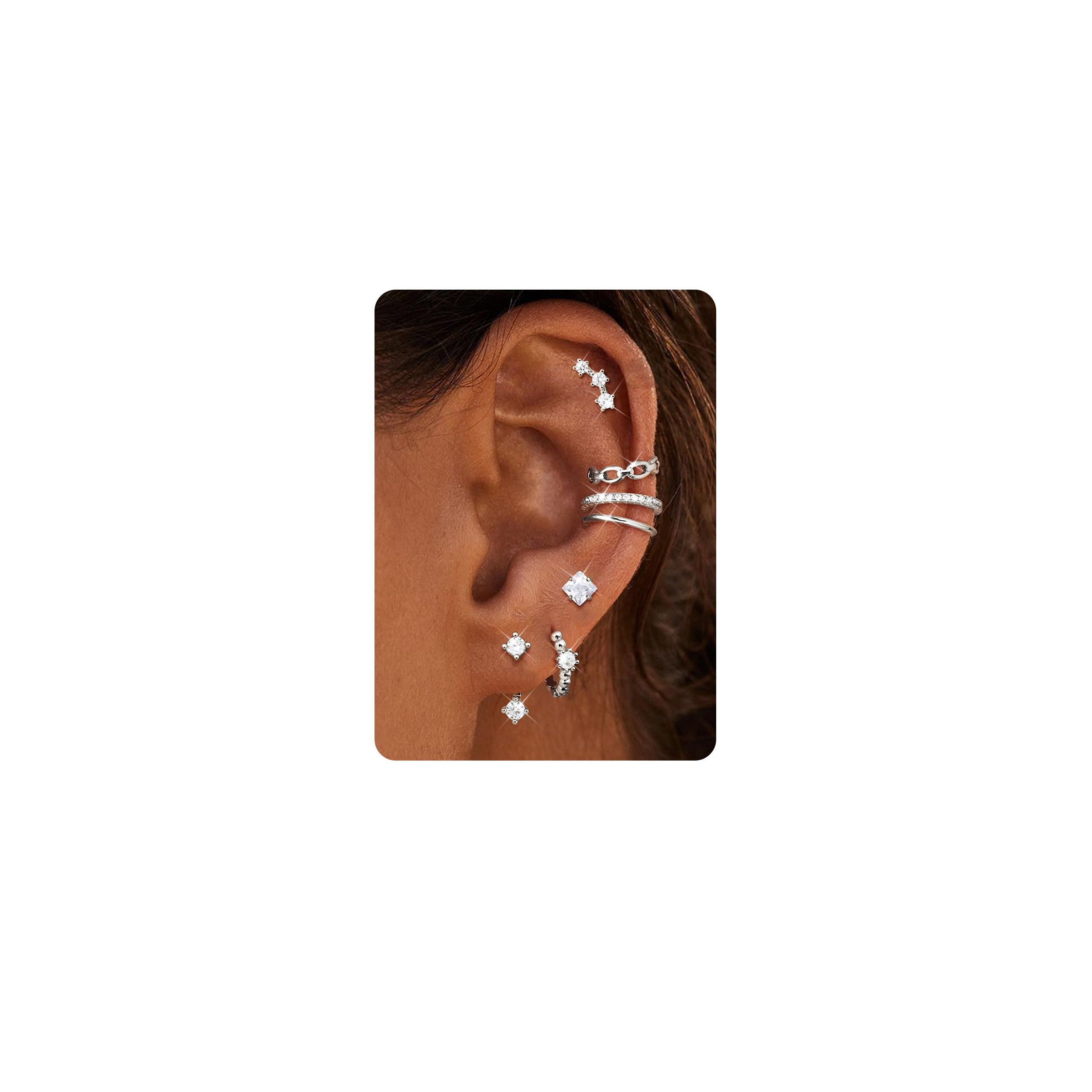 Dochai 7 par kolczyków ze srebra próby 925 dla kobiet, kolczyki kreoles zestaw kolczyków z fałszywymi kolczykami do uszu Helix chrząstki Tragus Conch kolczyk srebrny złoty