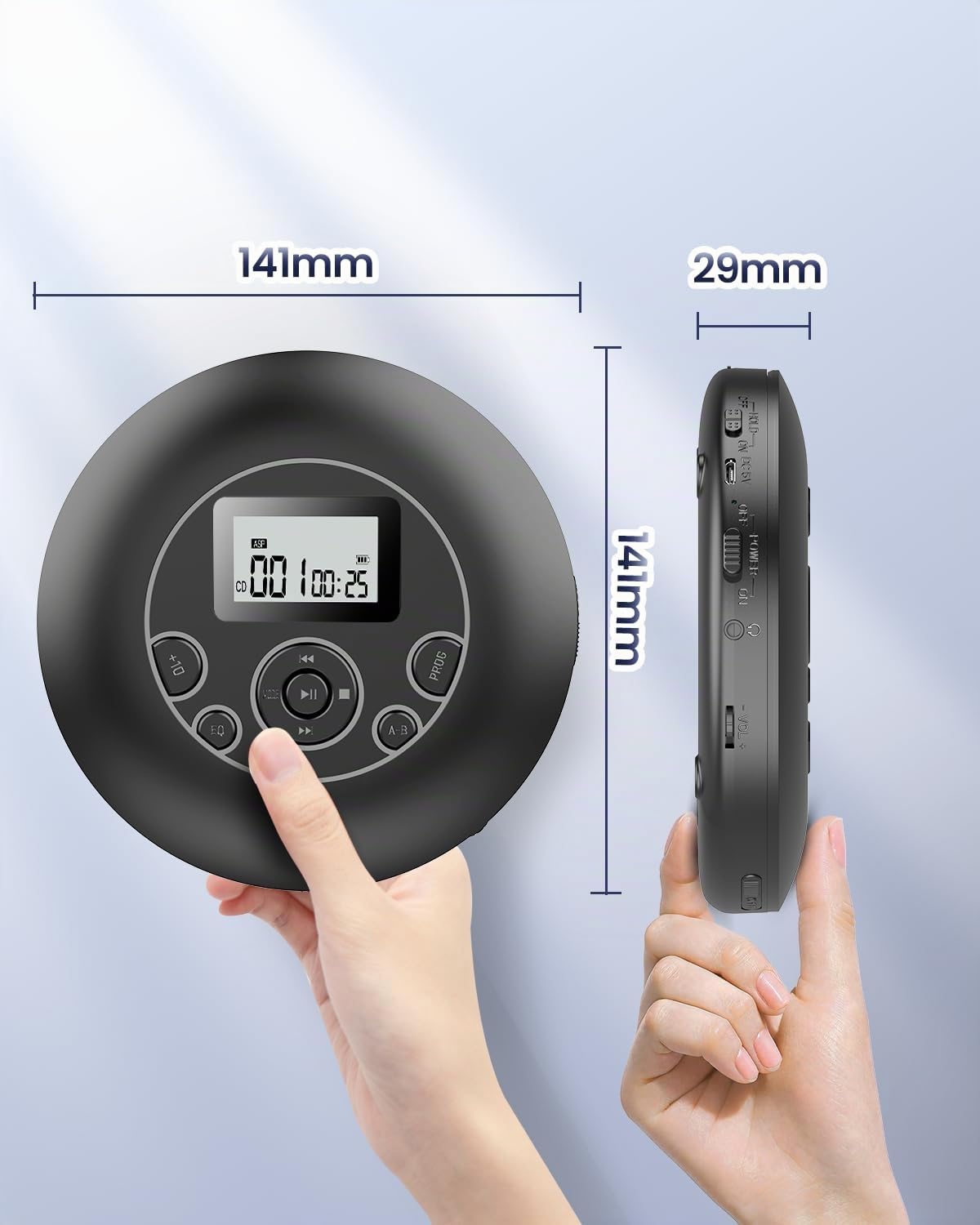 DESOBRY Lettore CD portatile, 7 ore di riproduzione della batteria, Discman con auricolare, Blocco di tenuta e funzione anti-salto, Lettore CD auto con AUX